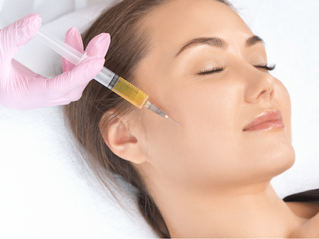 Woman receiving PRF treatment injection for natural collagen stimulation and skin rejuvenation