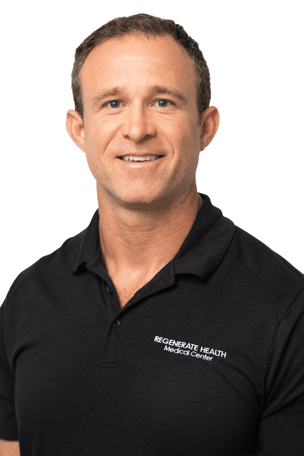 Male provider in black Regenerate Health Medical Center uniform smiling in vertical headshot.
