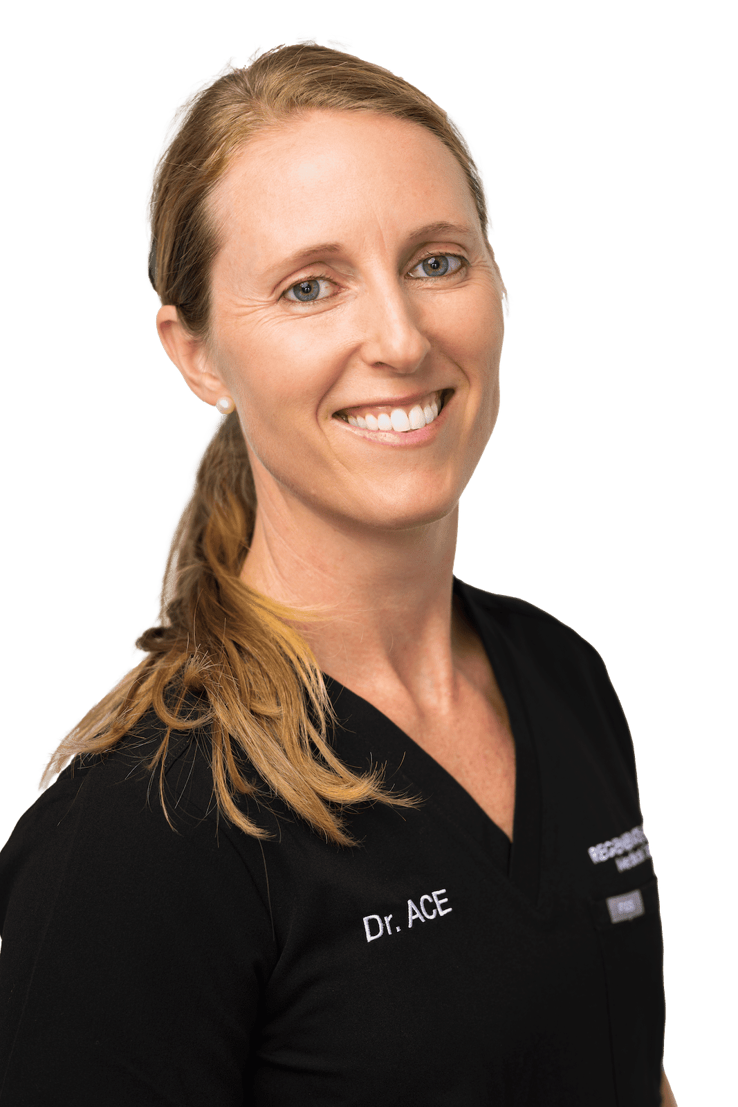 Female practitioner in burgundy scrubs smiling in professional horizontal portrait with a tablet her hands