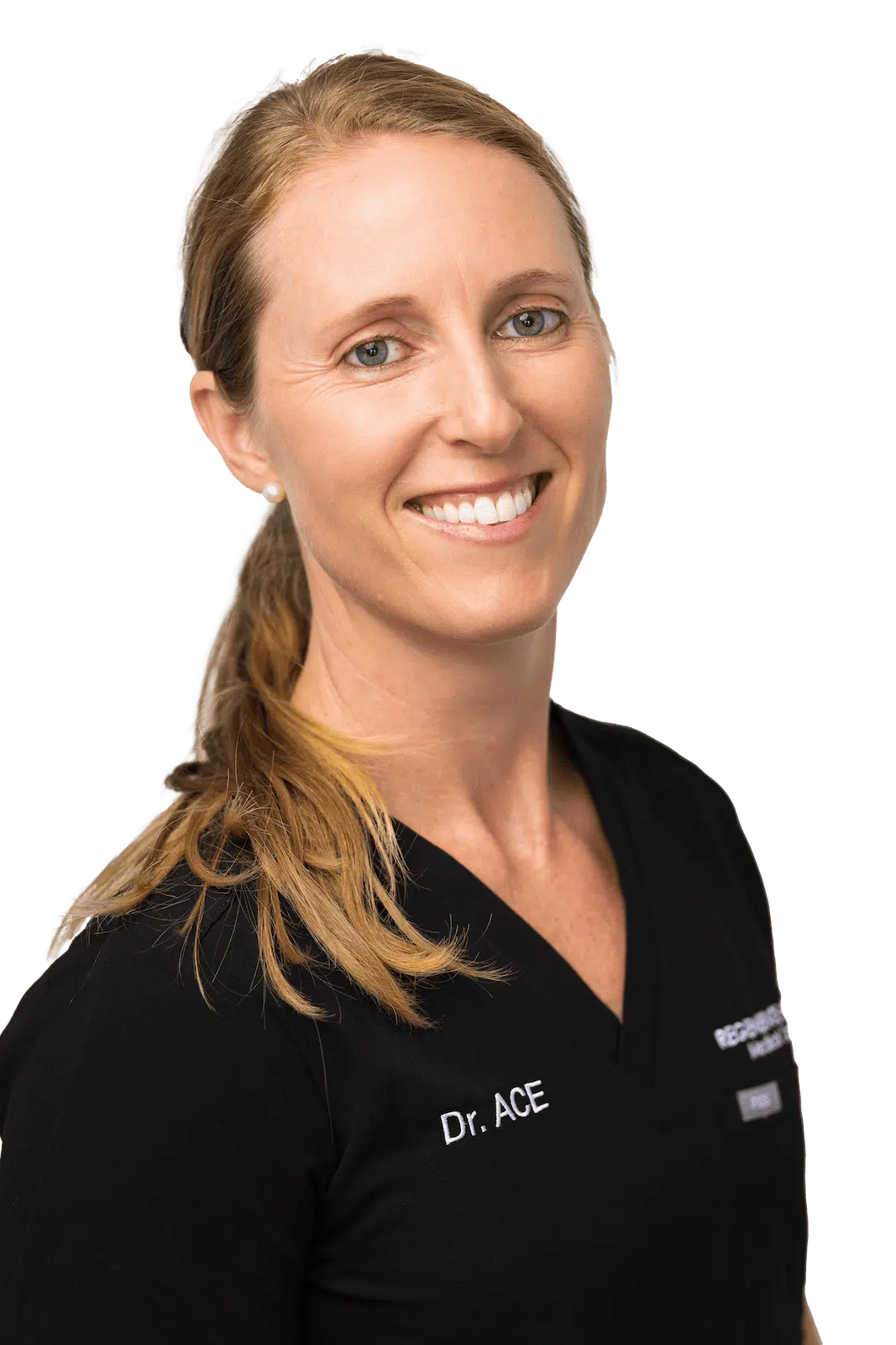 Female practitioner in burgundy scrubs smiling in professional horizontal portrait with a tablet her hands