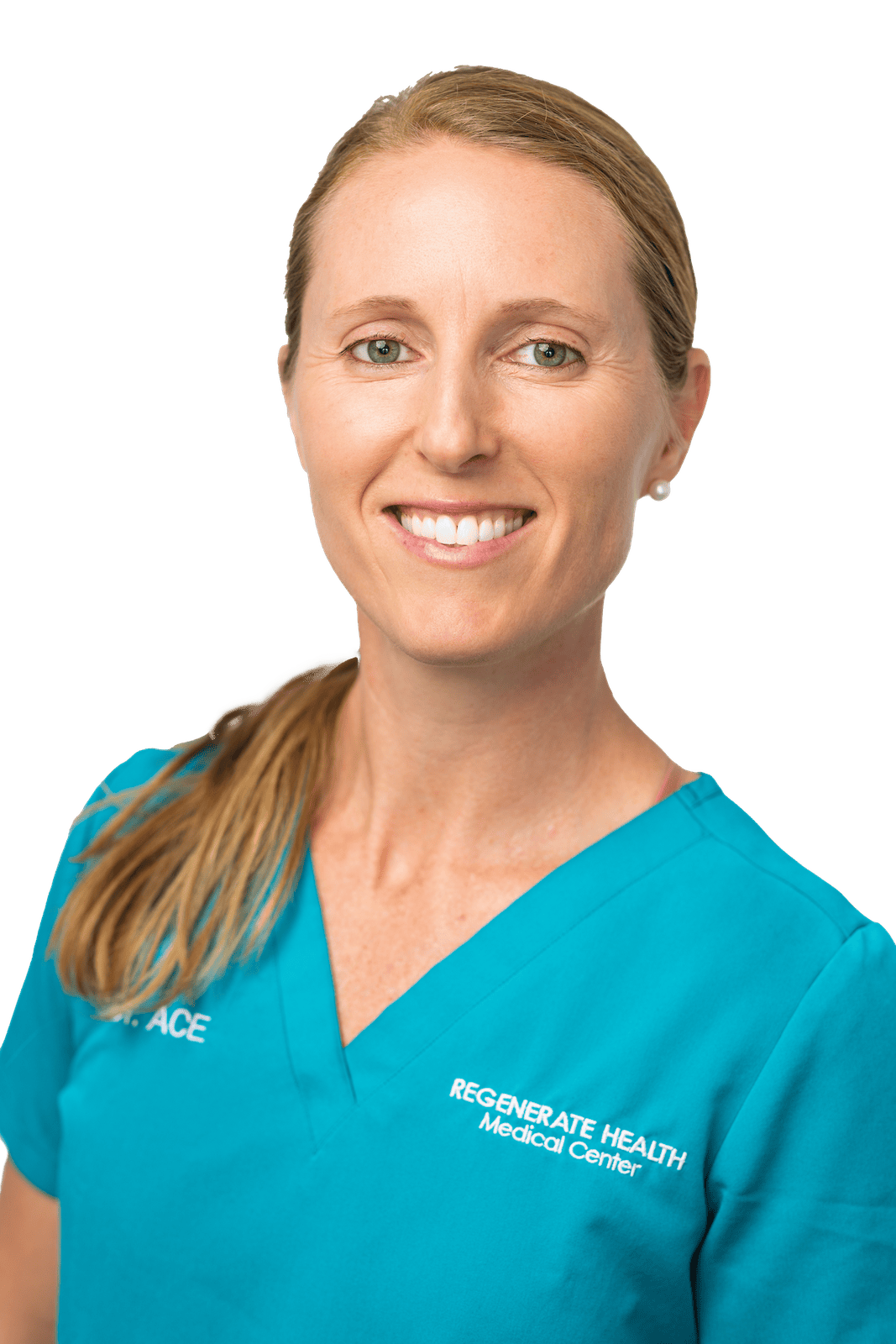 Female medical practitioner in teal scrubs smiling in vertical staff portrait.