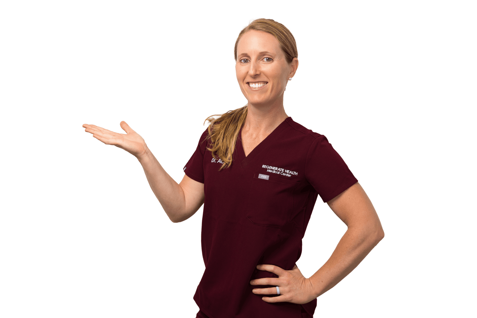 Female practitioner in burgundy scrubs smiling in professional horizontal portrait with her hand raised