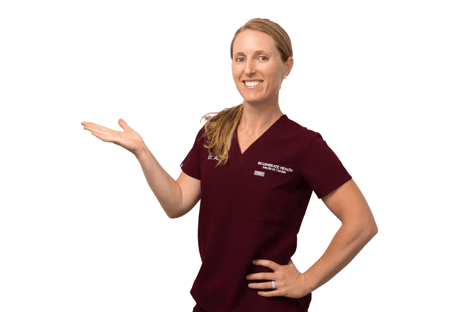 Female practitioner in burgundy scrubs smiling in professional horizontal portrait with her hand raised