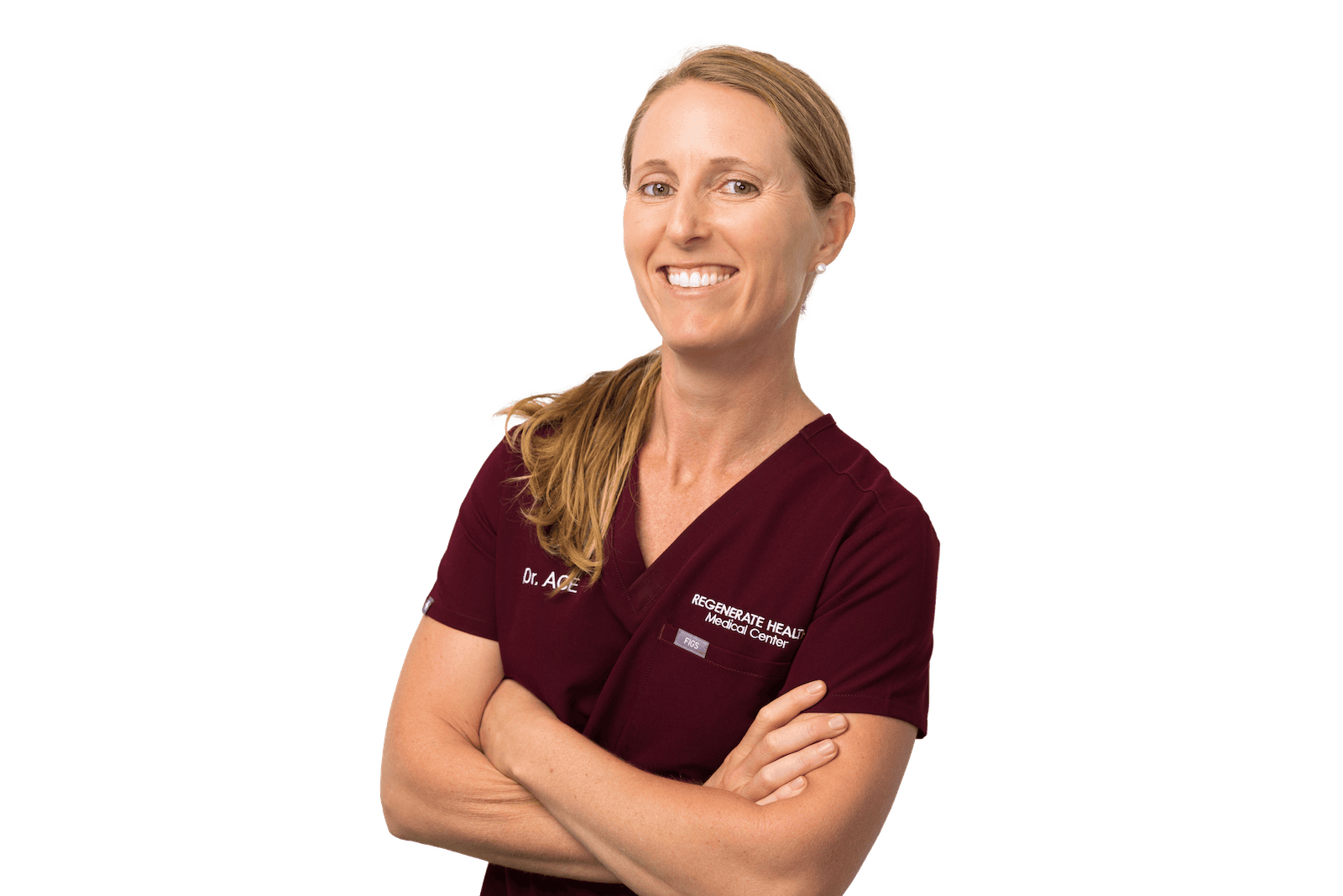 Female practitioner in burgundy scrubs smiling in professional horizontal portrait