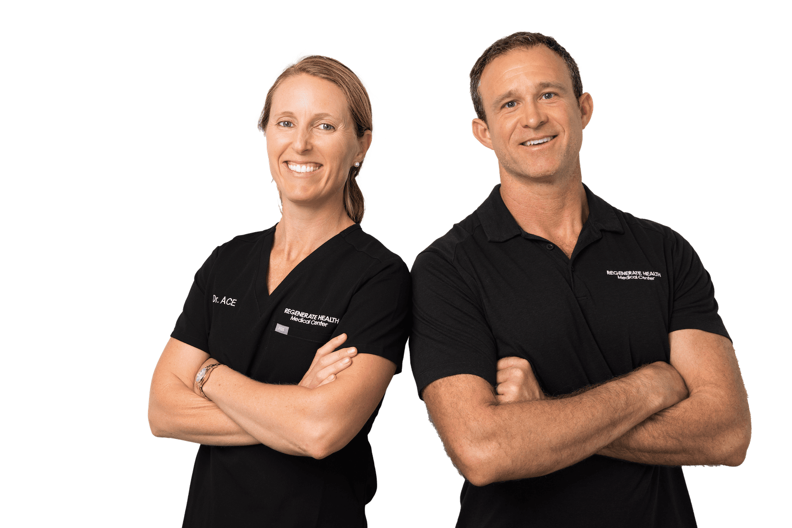 Two Regenerate Health Medical Center practitioners standing with arms crossed in professional team photo.