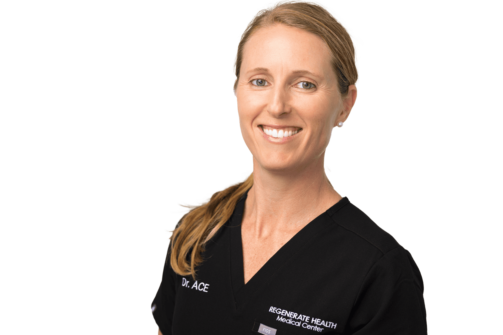 Female medical provider in black scrubs smiling in a horizontal professional staff portrait.