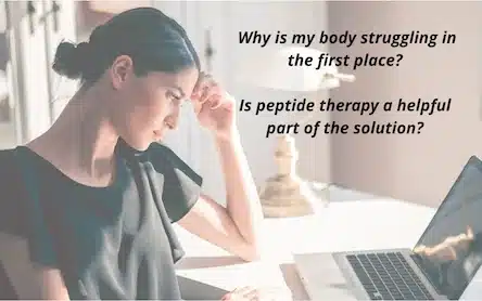 Woman experiencing health concerns while researching peptide therapy on a laptop
