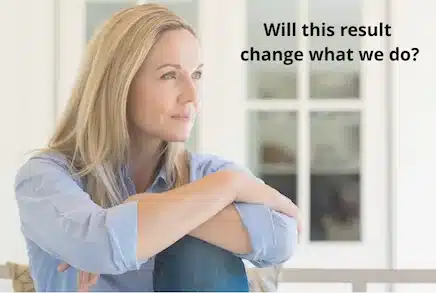 cancer-blood-test-cost-decision-making Woman thinking, with text asking whether a cancer blood test result would change her care decisions