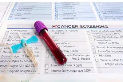cancer-blood-test-screening-panel Lab requisition form for a cancer screening blood panel with a blood collection tube