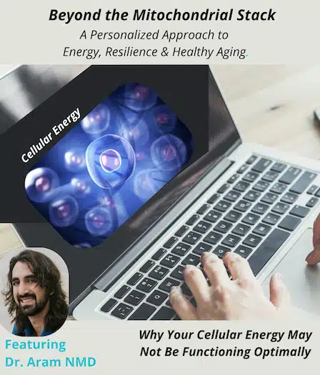 Mitochondrial Health Master Class with Dr. Aram | RHMC RHMC “Beyond the Mitochondrial Stack” master class graphic featuring Dr. Aram, a laptop, and a cellular energy illustration.
